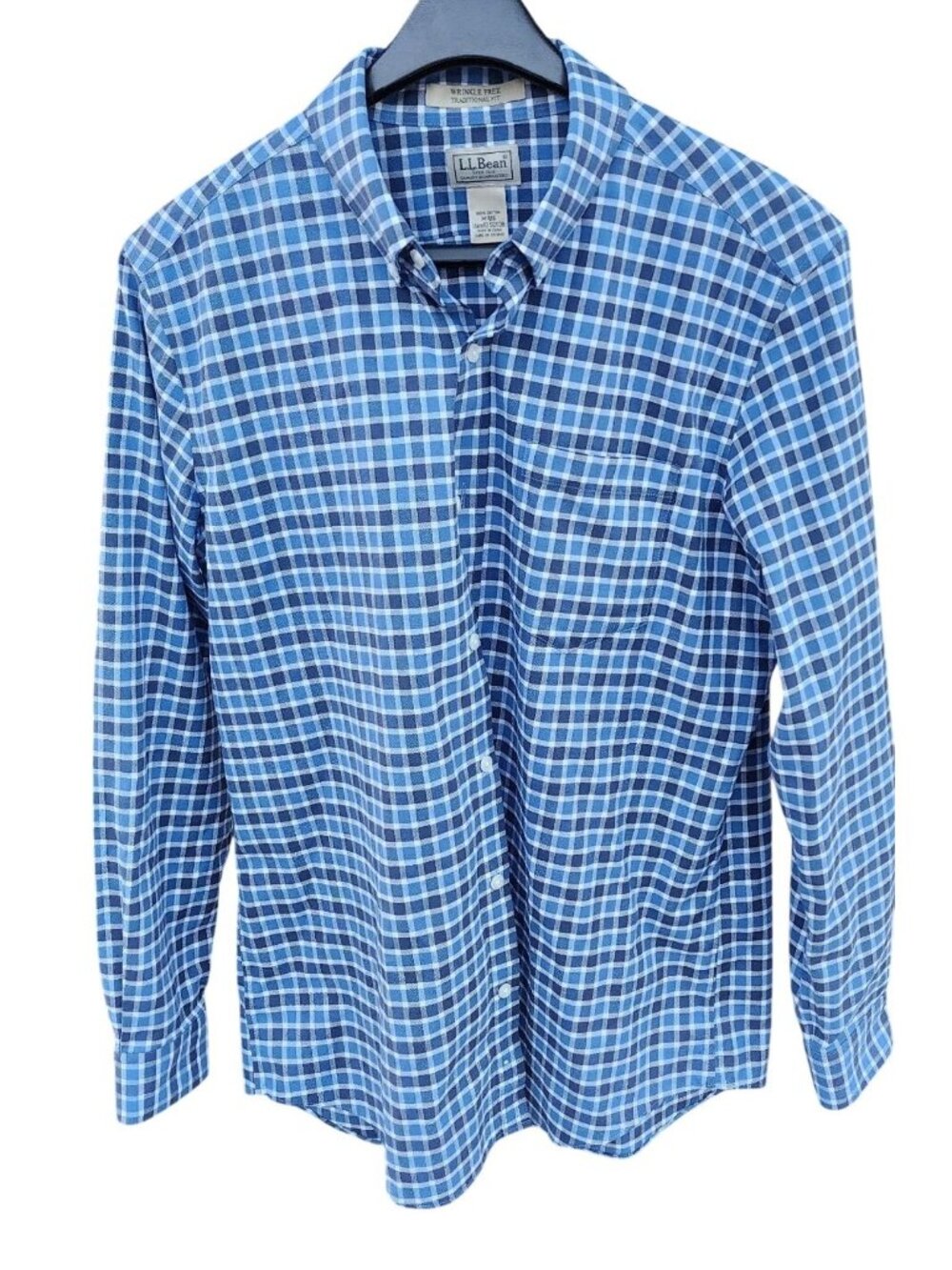 L.L. Bean Mens Wrinkle-Free Traditional Fit Plaid Cotton Shirt M Size Blue/White